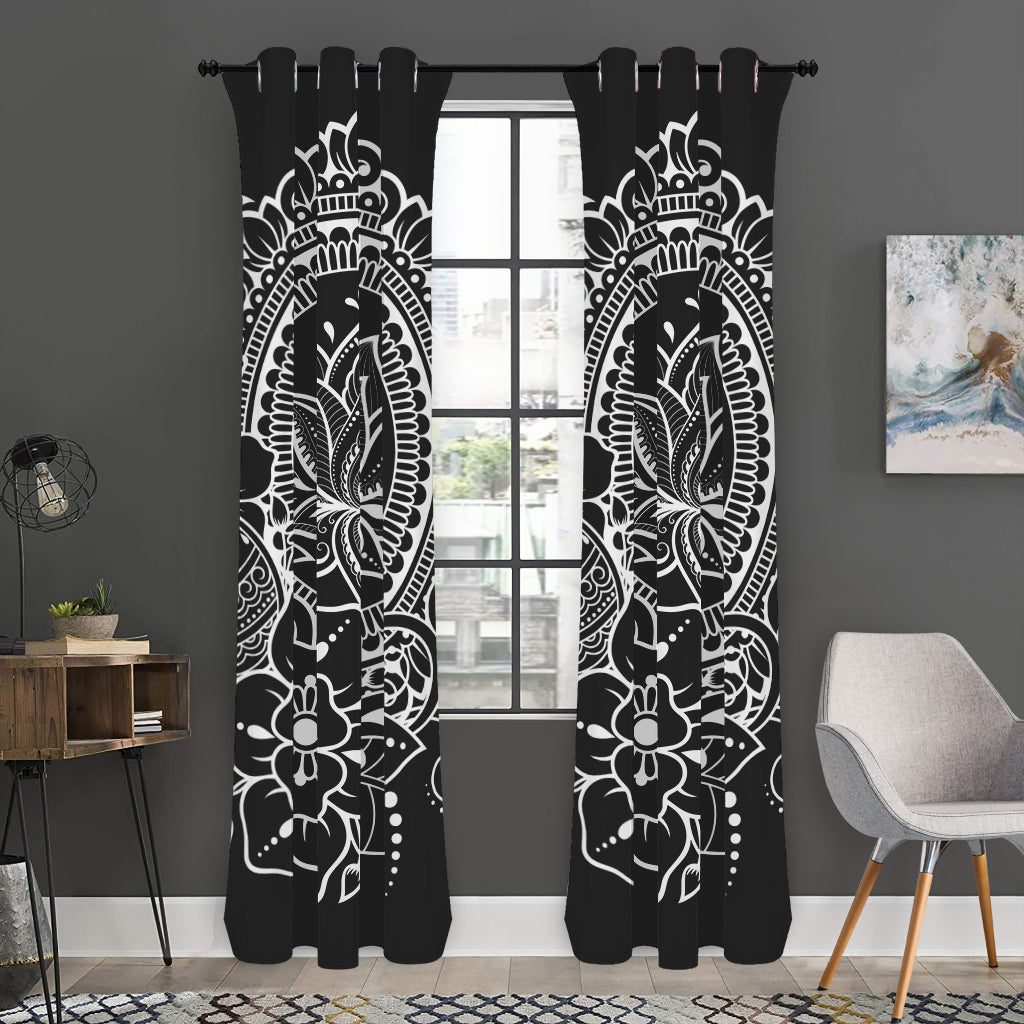 Black And White Lotus Flower Print Curtain