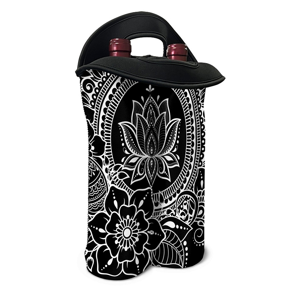 Black And White Lotus Flower Print Double Neoprene Wine Tote