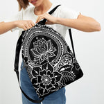 Black And White Lotus Flower Print Drawstring Backpack