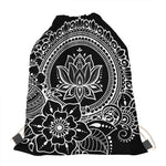 Black And White Lotus Flower Print Drawstring Bag