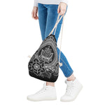 Black And White Lotus Flower Print Drawstring Bag