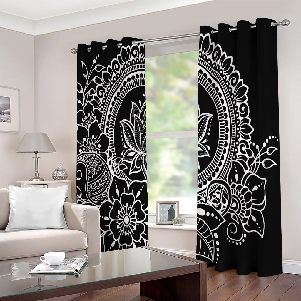 Black And White Lotus Flower Print Extra Wide Grommet Curtains