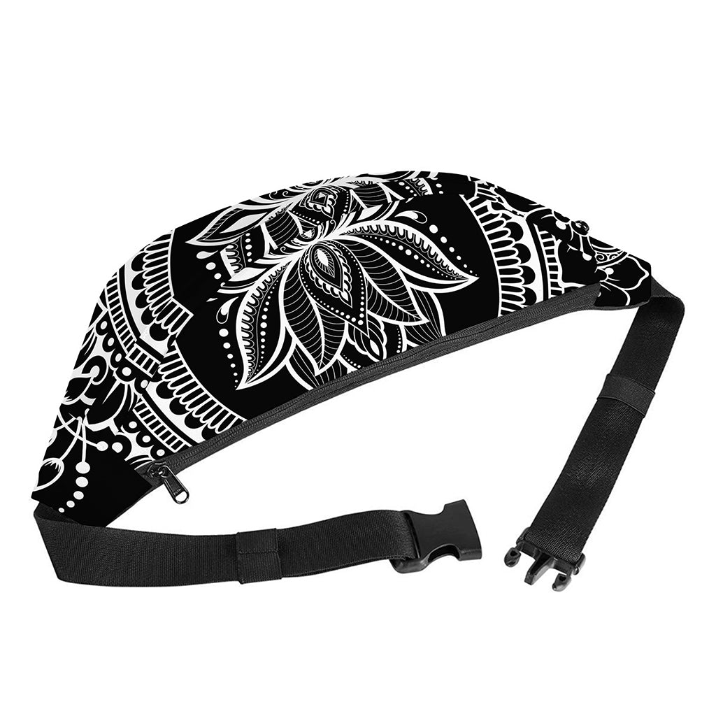 Black And White Lotus Flower Print Fanny Pack