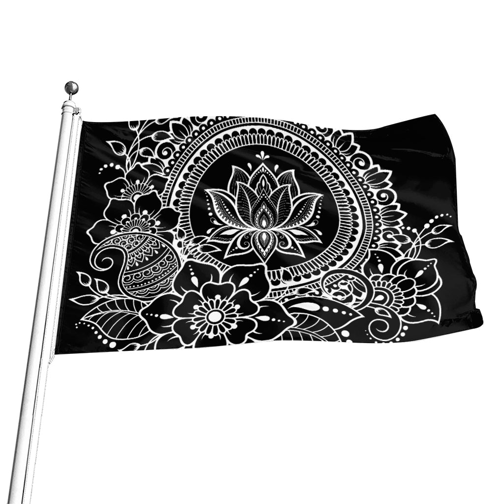Black And White Lotus Flower Print Flag