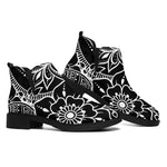 Black And White Lotus Flower Print Flat Ankle Boots