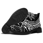 Black And White Lotus Flower Print Flat Ankle Boots