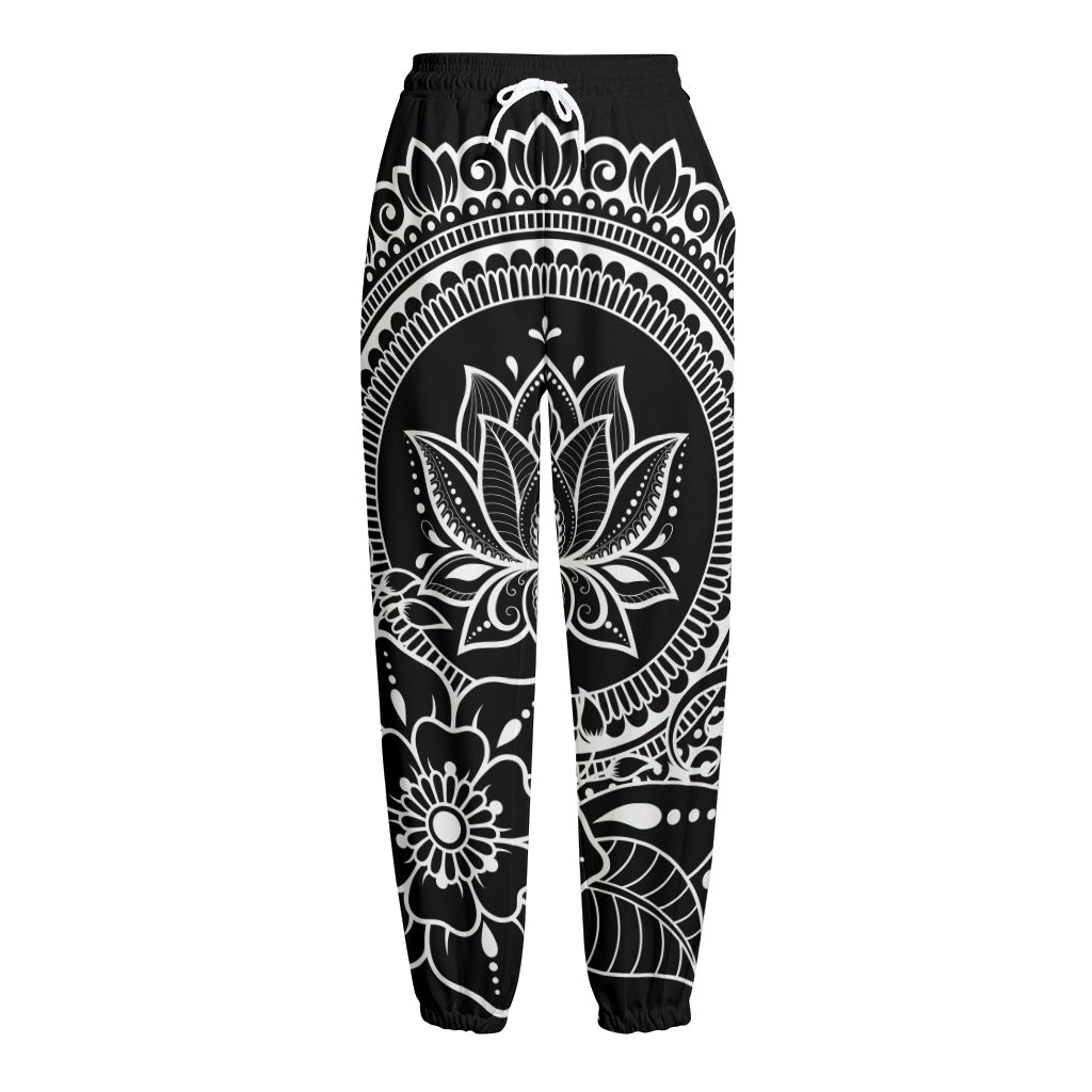 Black And White Lotus Flower Print Fleece Lined Knit Pants