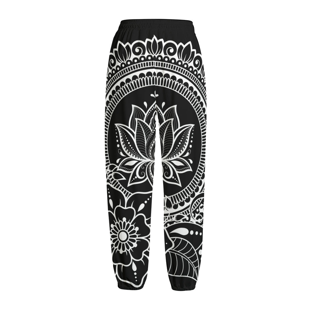 Black And White Lotus Flower Print Fleece Lined Knit Pants
