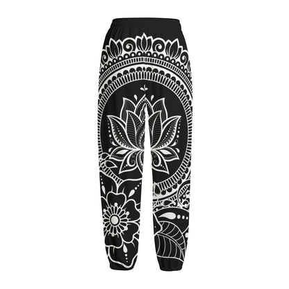 Black And White Lotus Flower Print Fleece Lined Knit Pants