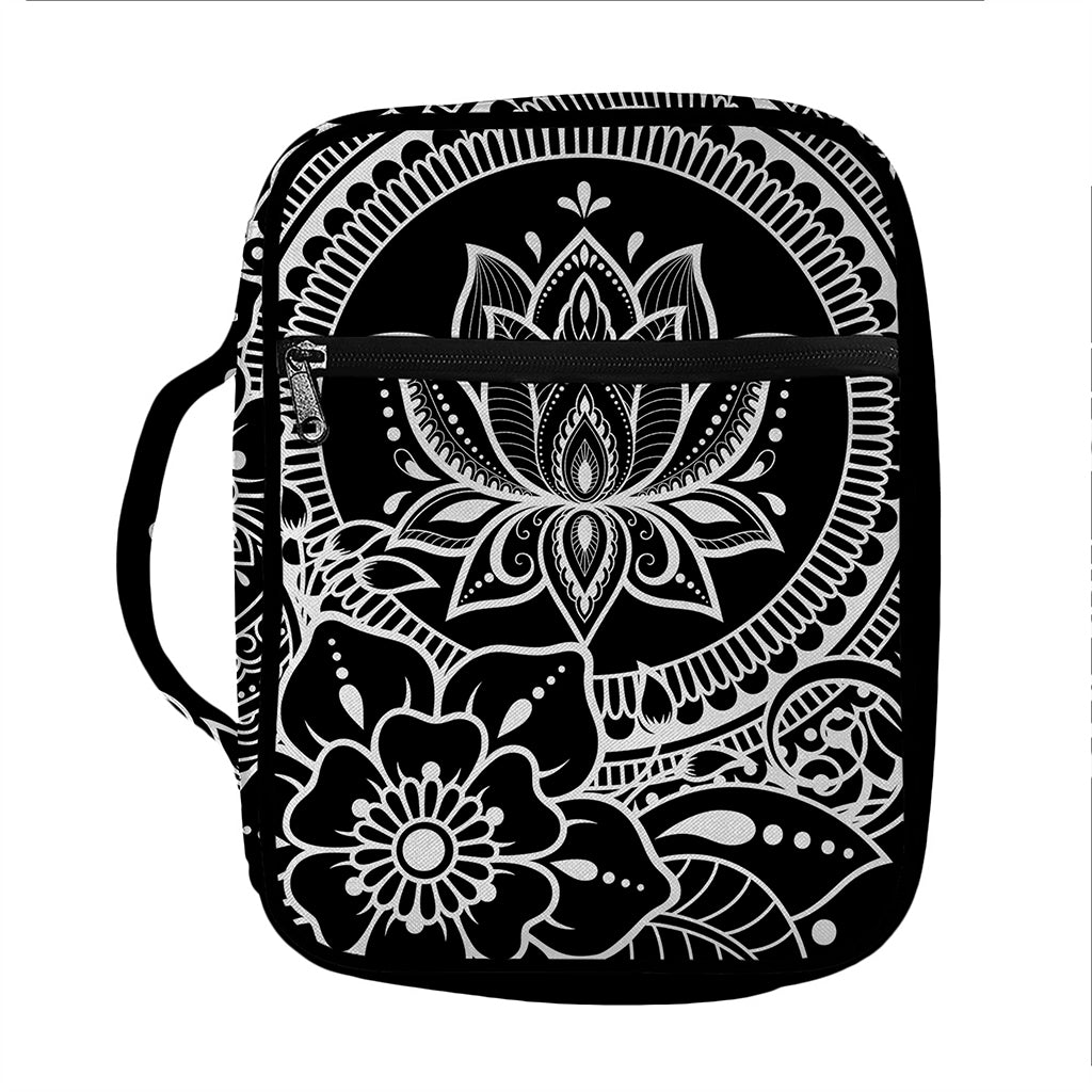 Black And White Lotus Flower Print Front Pocket Bible Bag