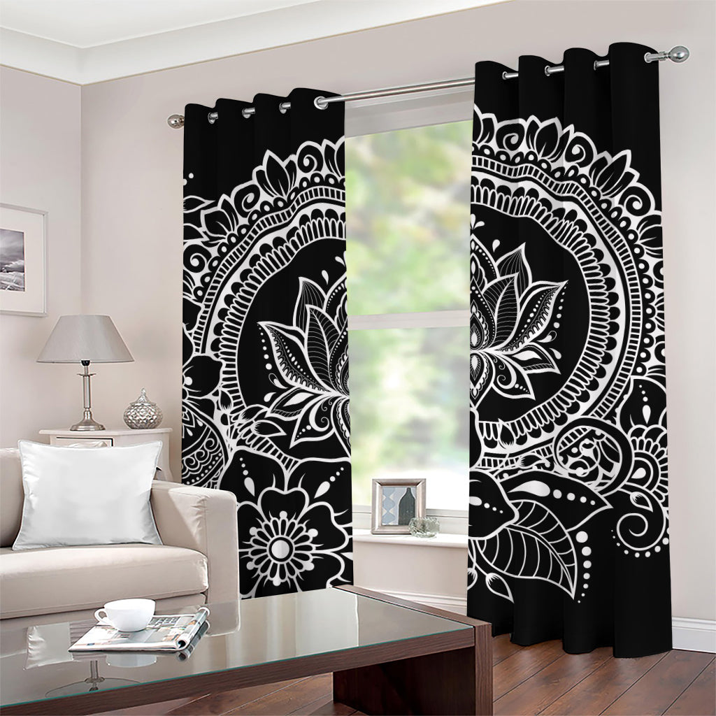 Black And White Lotus Flower Print Grommet Curtains