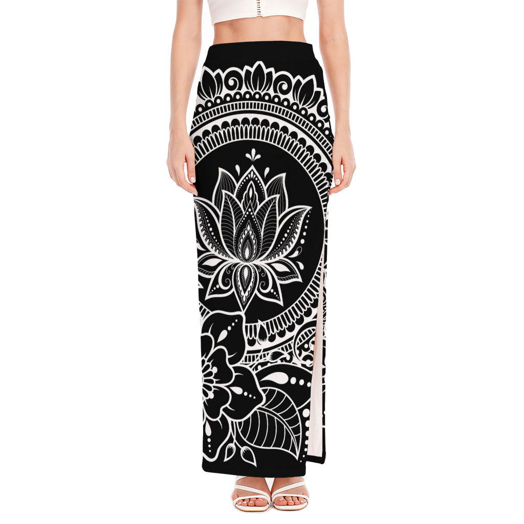 Black And White Lotus Flower Print High Slit Maxi Skirt