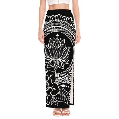 Black And White Lotus Flower Print High Slit Maxi Skirt