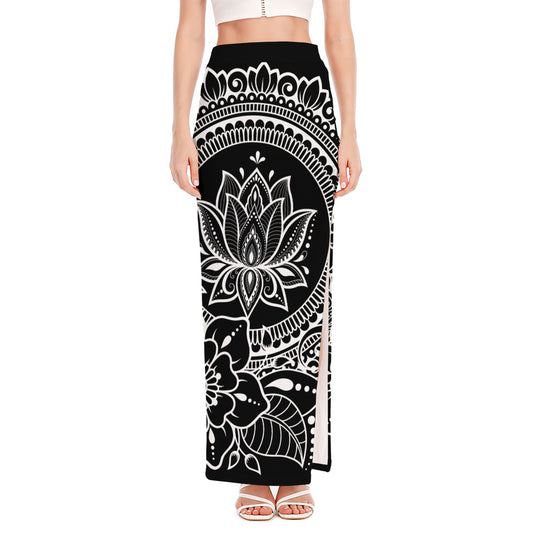 Black And White Lotus Flower Print High Slit Maxi Skirt