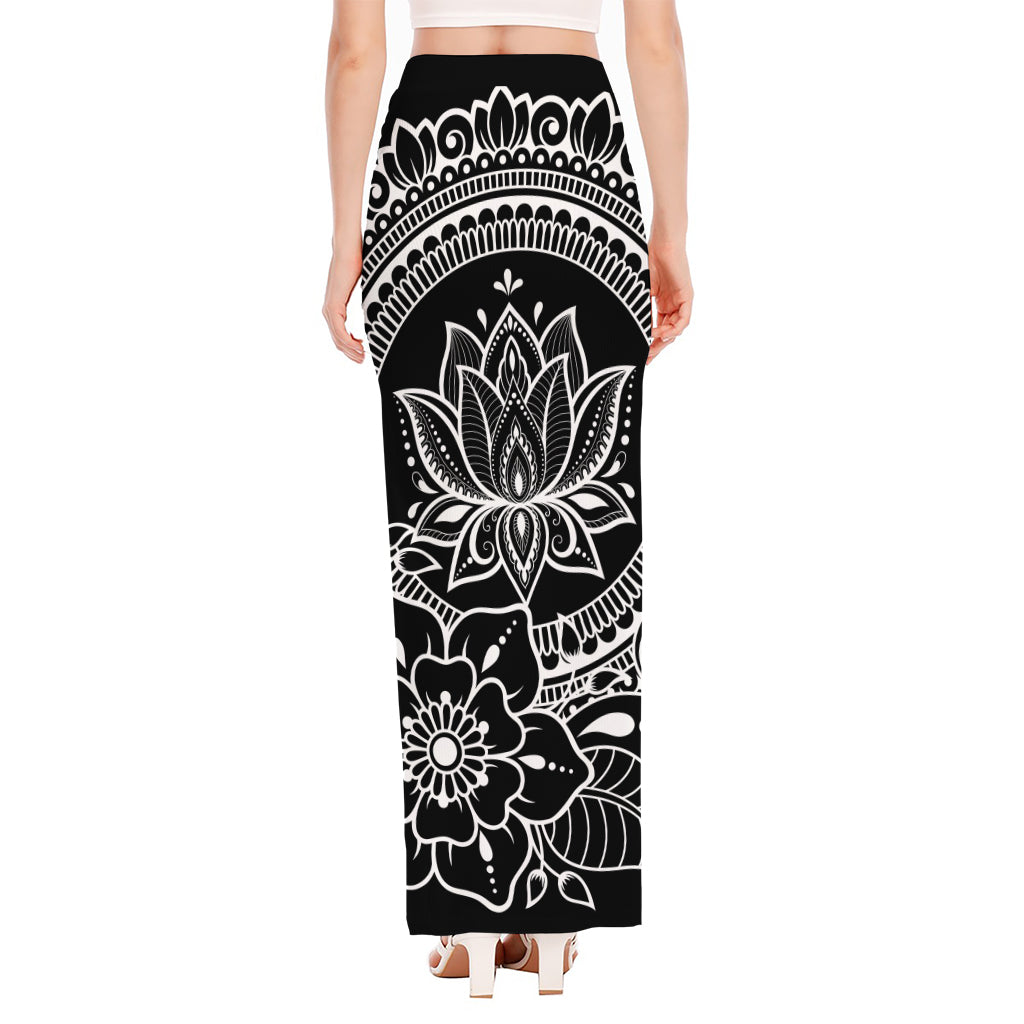 Black And White Lotus Flower Print High Slit Maxi Skirt