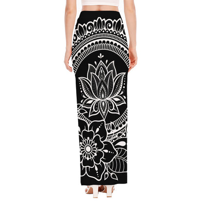 Black And White Lotus Flower Print High Slit Maxi Skirt