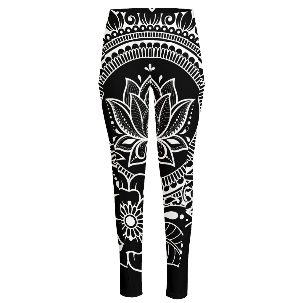 Black And White Lotus Flower Print High-Waisted Pocket Leggings