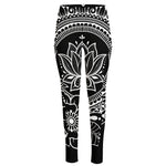 Black And White Lotus Flower Print High-Waisted Pocket Leggings