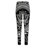 Black And White Lotus Flower Print High-Waisted Pocket Leggings