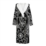 Black And White Lotus Flower Print Hooded Bathrobe