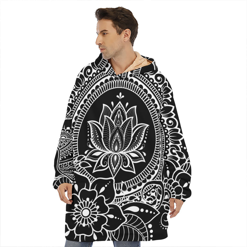 Black And White Lotus Flower Print Hoodie Blanket