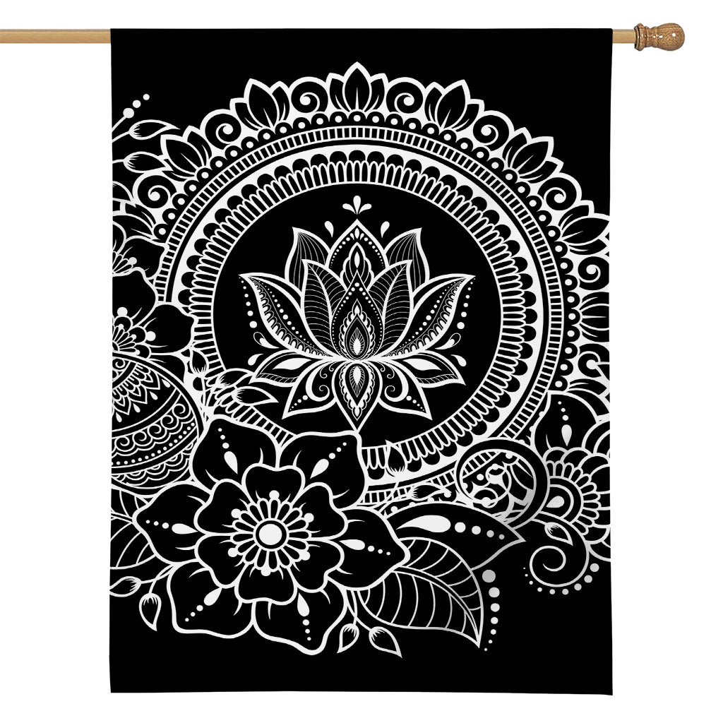 Black And White Lotus Flower Print House Flag