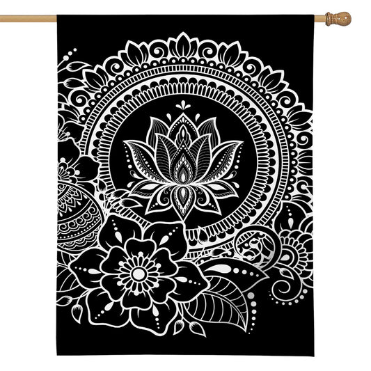 Black And White Lotus Flower Print House Flag