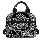 Black And White Lotus Flower Print Insulated Lunch Bag