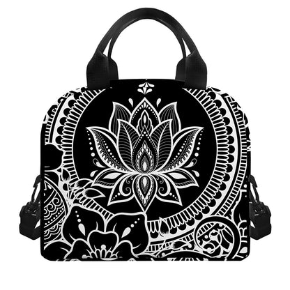 Black And White Lotus Flower Print Insulated Lunch Bag