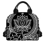Black And White Lotus Flower Print Insulated Lunch Bag