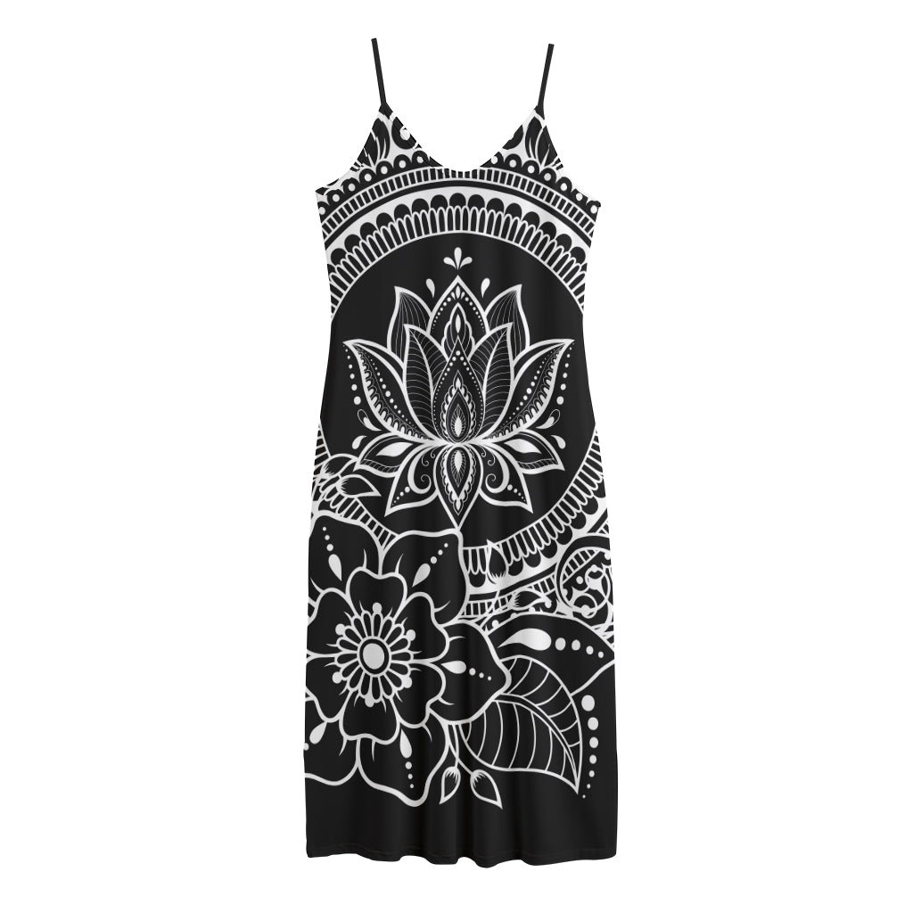 Black And White Lotus Flower Print Jersey Midi Cami Dress