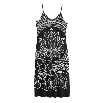 Black And White Lotus Flower Print Jersey Midi Cami Dress