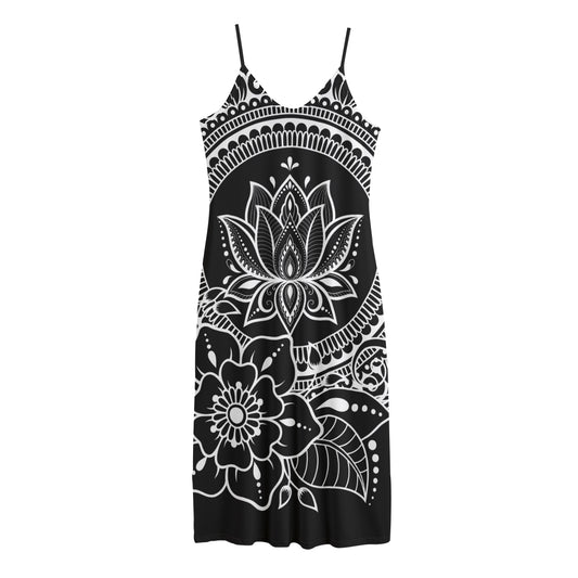 Black And White Lotus Flower Print Jersey Midi Cami Dress