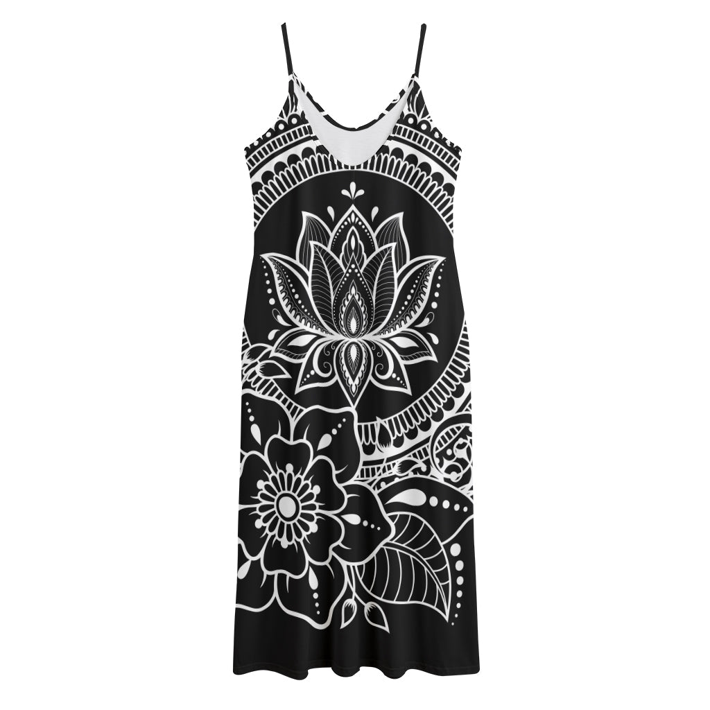 Black And White Lotus Flower Print Jersey Midi Cami Dress
