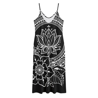 Black And White Lotus Flower Print Jersey Midi Cami Dress