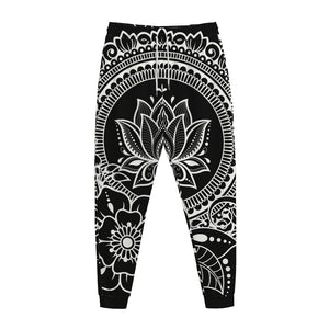 Black And White Lotus Flower Print Jogger Pants