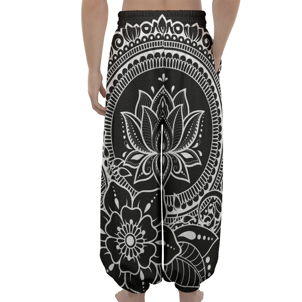 Black And White Lotus Flower Print Lantern Pants