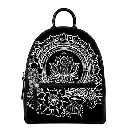 Black And White Lotus Flower Print Leather Backpack