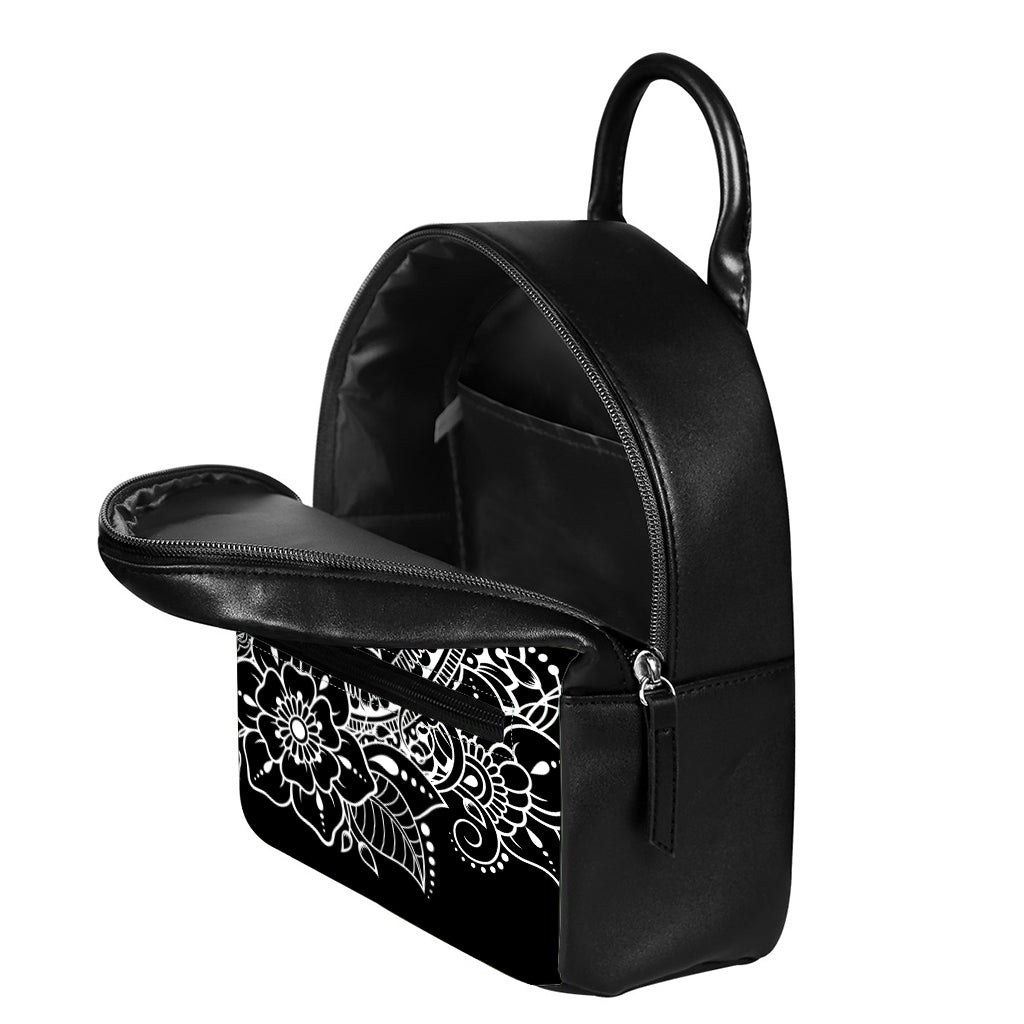 Black And White Lotus Flower Print Leather Backpack