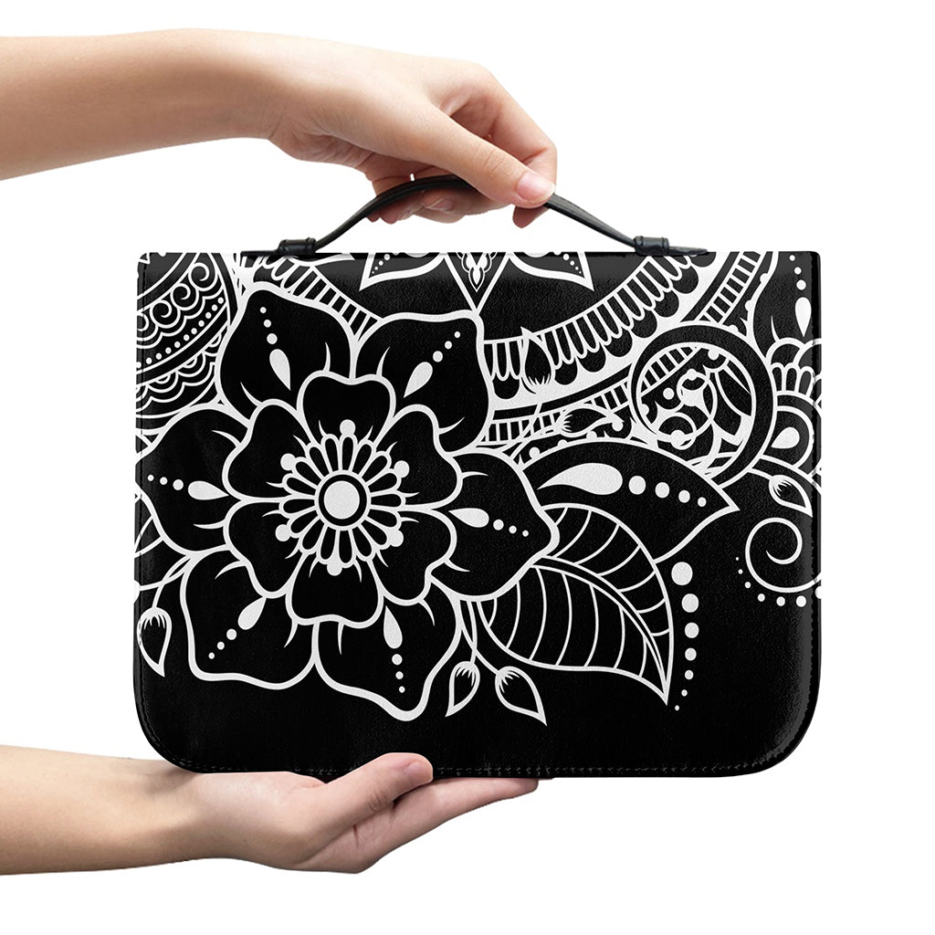 Black And White Lotus Flower Print Leather Bible Cover