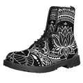 Black And White Lotus Flower Print Lace-Up Boots