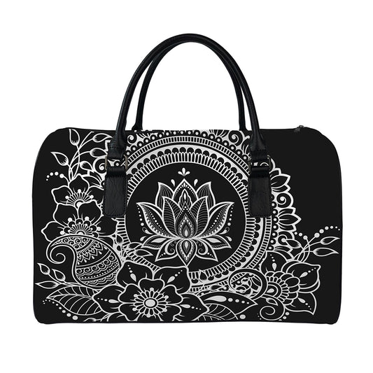 Black And White Lotus Flower Print Leather Duffle Bag