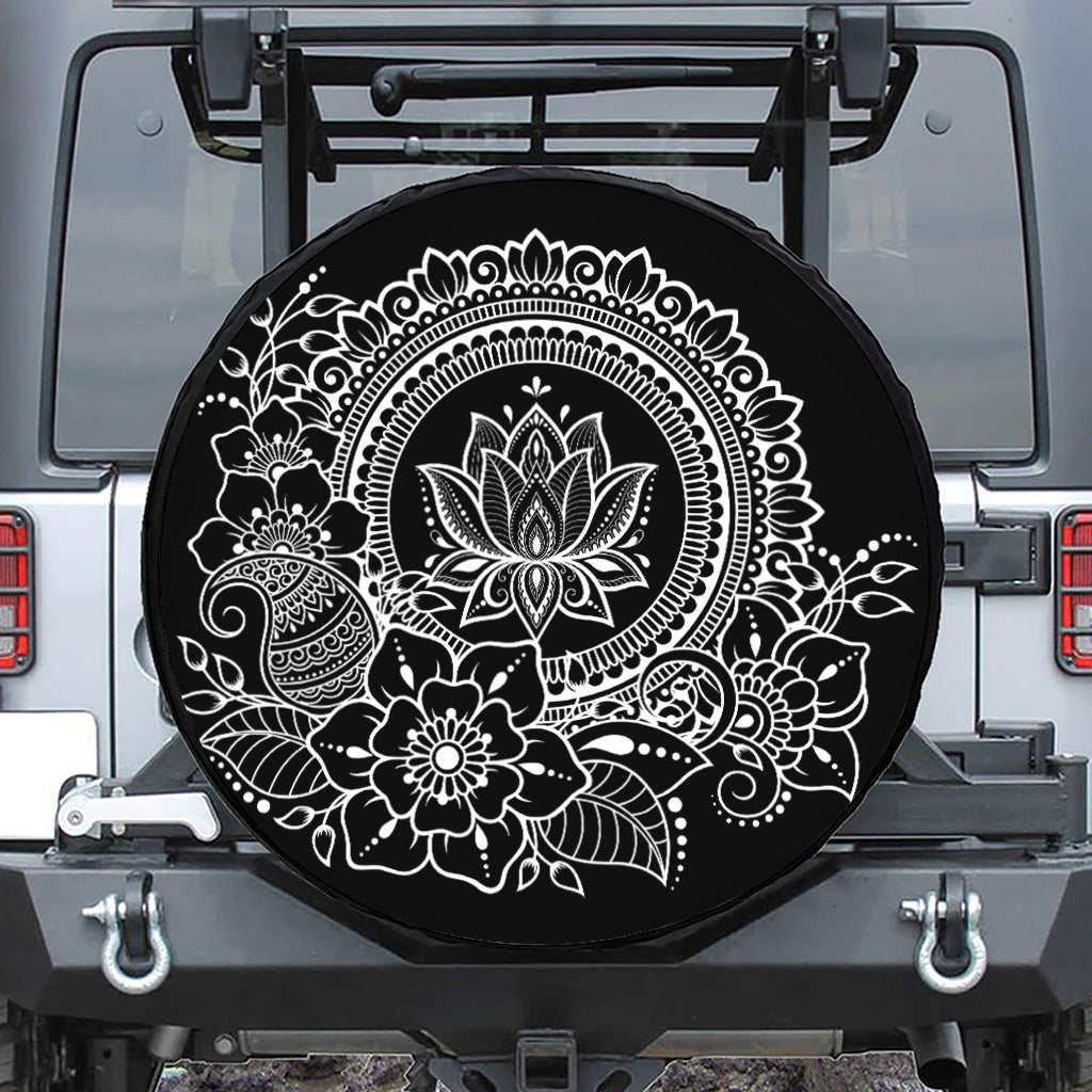 Black And White Lotus Flower Print Leather Spare Tire Cover