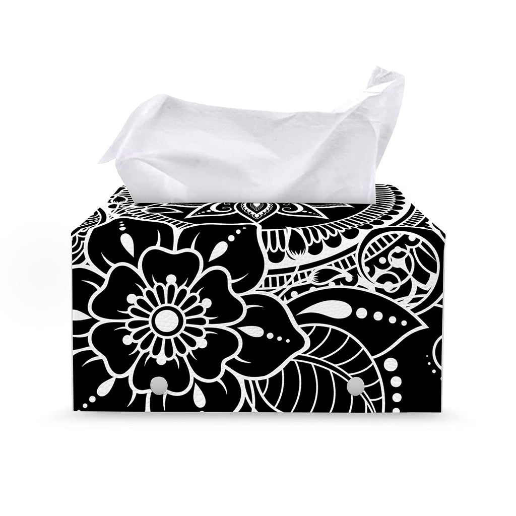 Black And White Lotus Flower Print Leather Tissue Box Cover