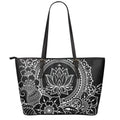 Black And White Lotus Flower Print Leather Tote Bag With Zipper