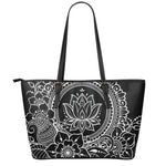 Black And White Lotus Flower Print Leather Tote Bag