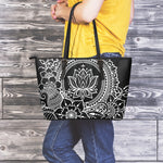Black And White Lotus Flower Print Leather Tote Bag