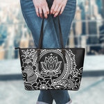 Black And White Lotus Flower Print Leather Tote Bag