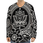 Black And White Lotus Flower Print Long Sleeve Baseball Jersey