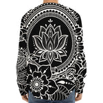 Black And White Lotus Flower Print Long Sleeve Baseball Jersey
